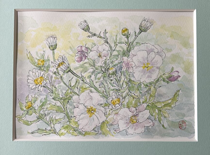 春の庭(水彩画、春、花、フレーム付き) | iichi 日々の暮らしを