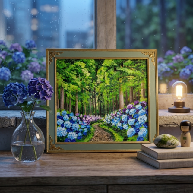油絵】森の奥に咲き誇る、万華鏡の紫陽花｜絵画 アジサイ 初夏 梅雨