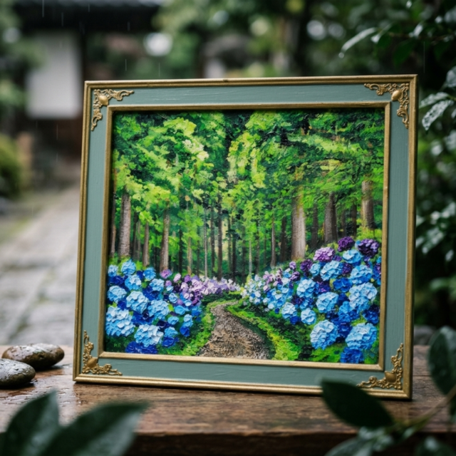 油絵】森の奥に咲き誇る、万華鏡の紫陽花｜絵画 アジサイ 初夏 梅雨