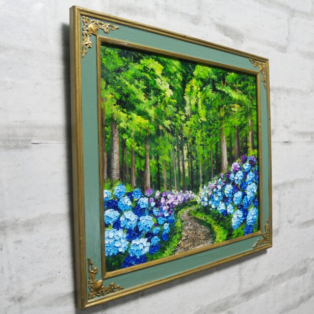【油絵】森に咲き誇る万華鏡の紫陽花 原画 絵画 アジサイ 初夏 壁掛け 額縁付 油絵】森の奥に咲き誇る、万華鏡の紫陽花｜絵画 アジサイ 初夏 梅雨