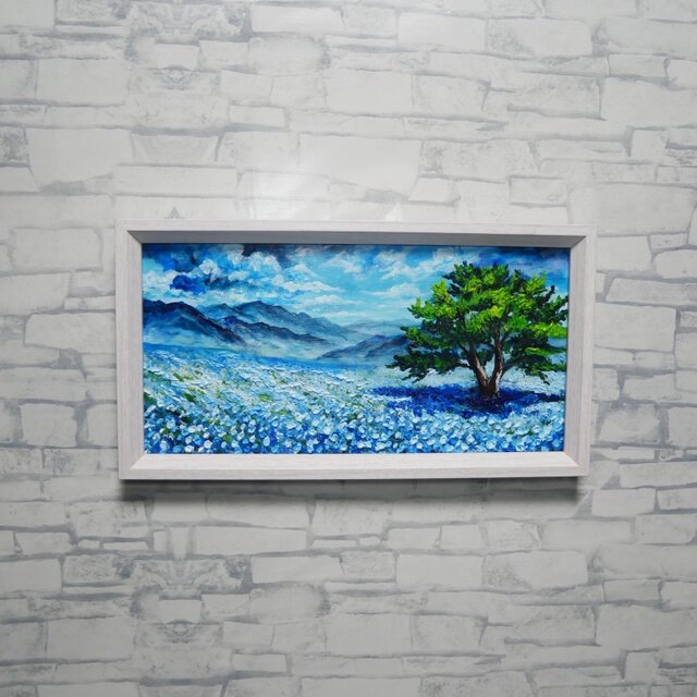 油彩画「ネモフィラの丘に吹く風」長方形ミニ絵画（額装込）- 初夏の