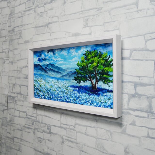 油彩画「ネモフィラの丘に吹く風」長方形ミニ絵画（額装込）- 初夏の