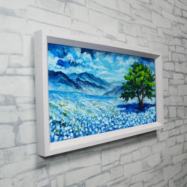 油彩画「ネモフィラの丘に吹く風」長方形ミニ絵画（額装込）- 初夏の