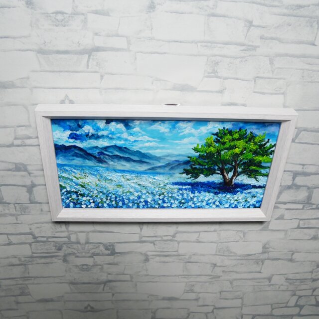 油彩画「ネモフィラの丘に吹く風」長方形ミニ絵画（額装込）- 初夏の