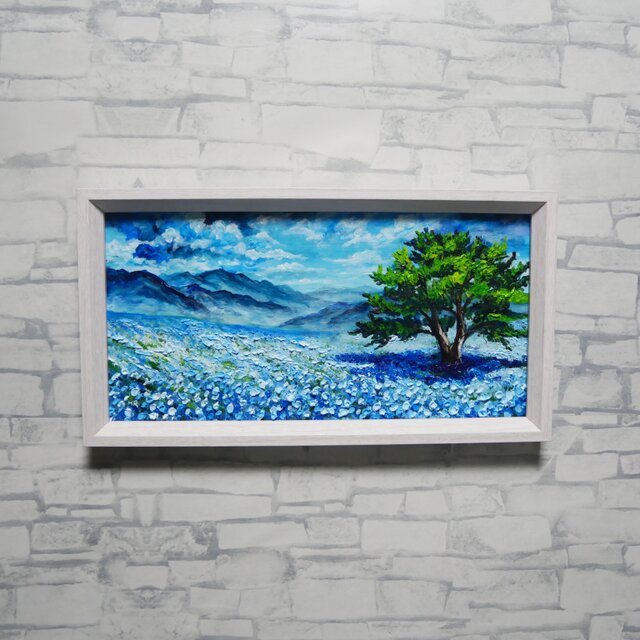 油彩画「ネモフィラの丘に吹く風」長方形ミニ絵画（額装込）- 初夏の