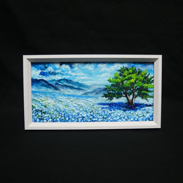 油彩画「ネモフィラの丘に吹く風」長方形ミニ絵画（額装込）- 初夏の