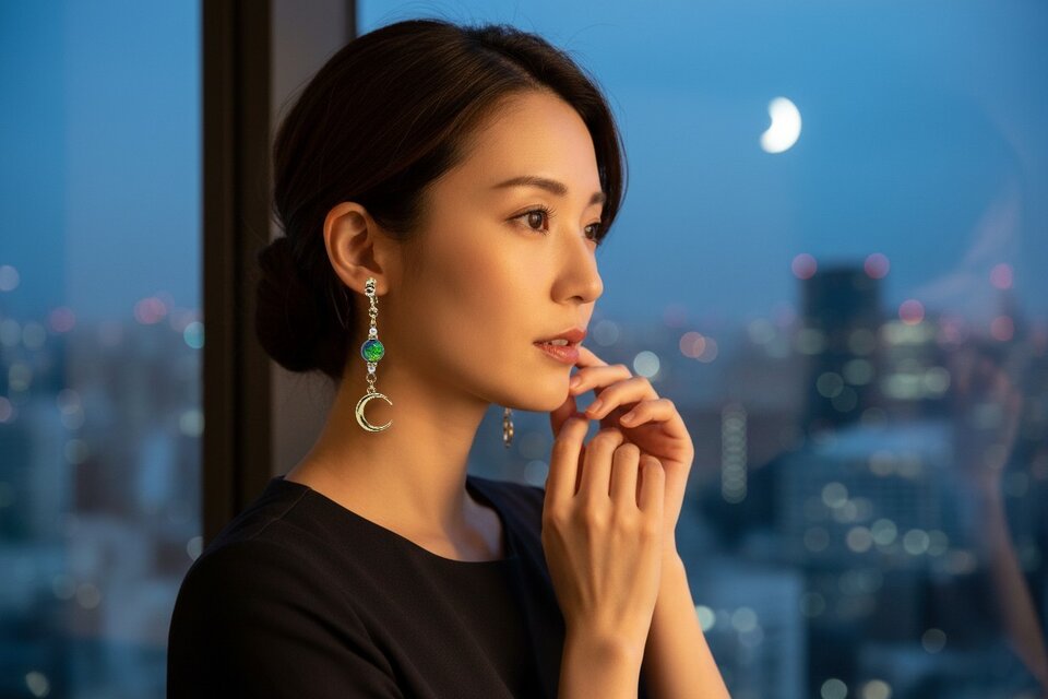 紫陽花の夜、そっと導く星」月と星のアシンメトリーイヤリング