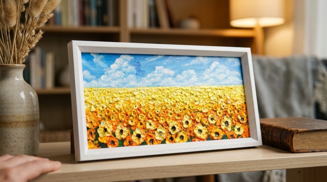 油彩画・原画】風がそよぐひまわり畑（ミニ絵画）｜夏の風景画・向日葵