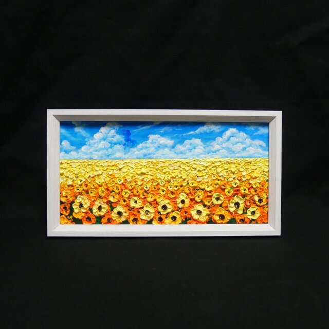 油彩画・原画】風がそよぐひまわり畑（ミニ絵画）｜夏の風景画・向日葵