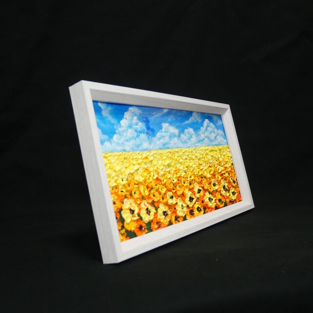 油彩画・原画】風がそよぐひまわり畑（ミニ絵画）｜夏の風景画・向日葵