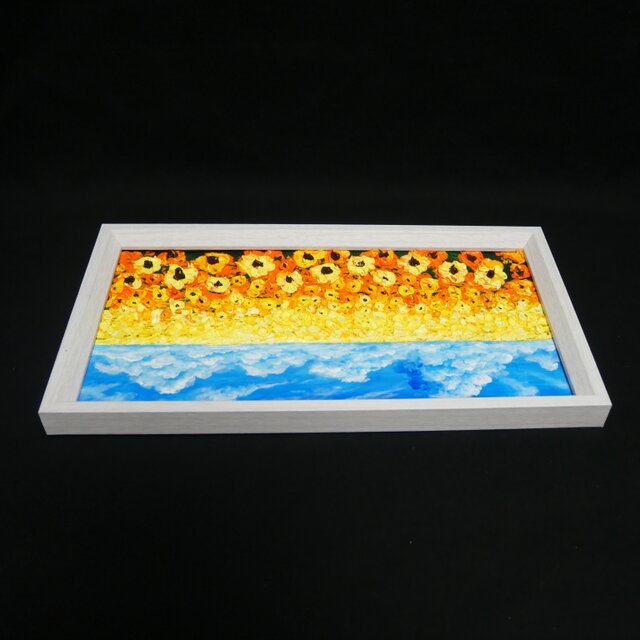 油彩画・原画】風がそよぐひまわり畑（ミニ絵画）｜夏の風景画・向日葵