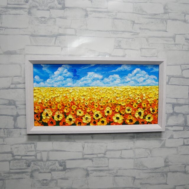 油彩画・原画】風がそよぐひまわり畑（ミニ絵画）｜夏の風景画・向日葵