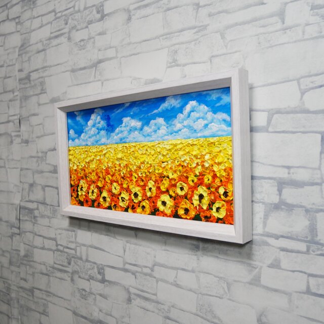 油彩画・原画】風がそよぐひまわり畑（ミニ絵画）｜夏の風景画・向日葵