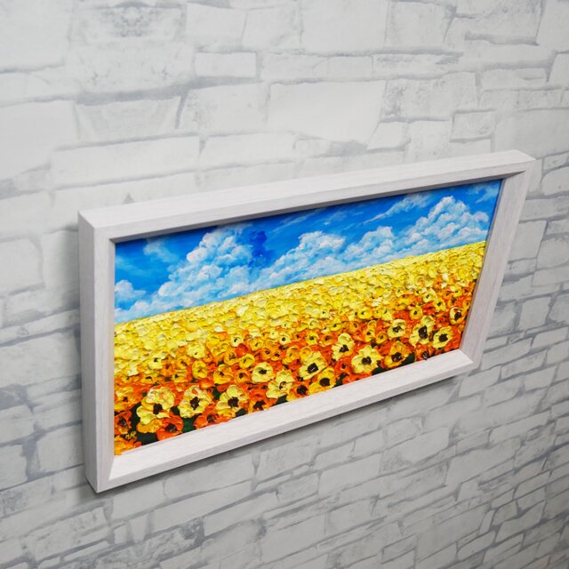 油彩画・原画】風がそよぐひまわり畑（ミニ絵画）｜夏の風景画・向日葵