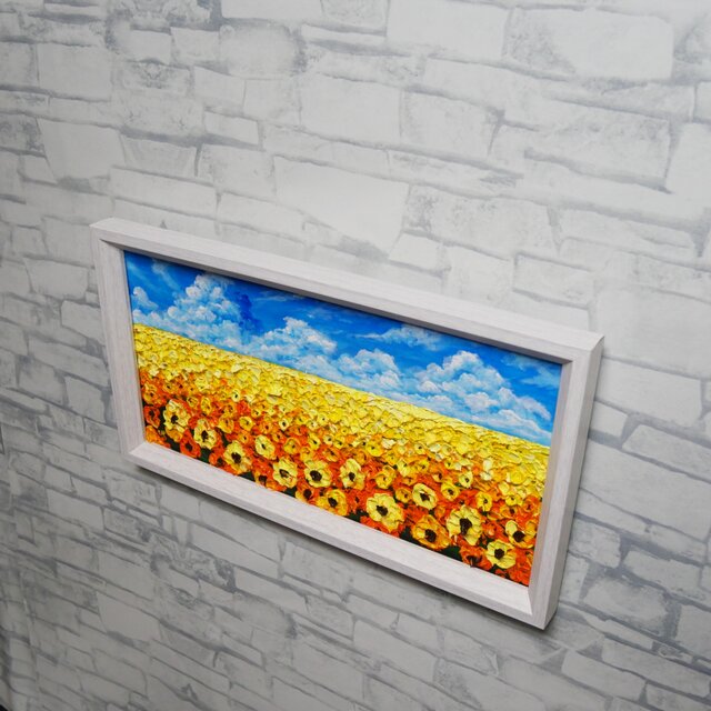 油彩画・原画】風がそよぐひまわり畑（ミニ絵画）｜夏の風景画・向日葵