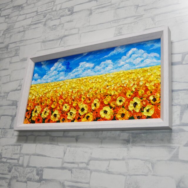 油彩画・原画】風がそよぐひまわり畑（ミニ絵画）｜夏の風景画・向日葵