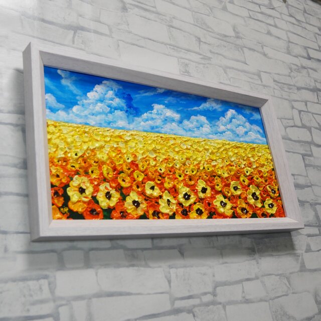 油彩画・原画】風がそよぐひまわり畑（ミニ絵画）｜夏の風景画・向日葵