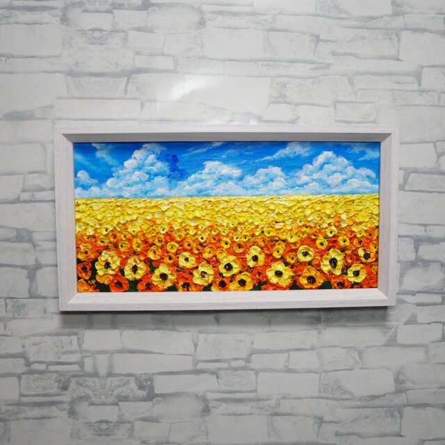 油彩画・原画】風がそよぐひまわり畑（ミニ絵画）｜夏の風景画・向日葵