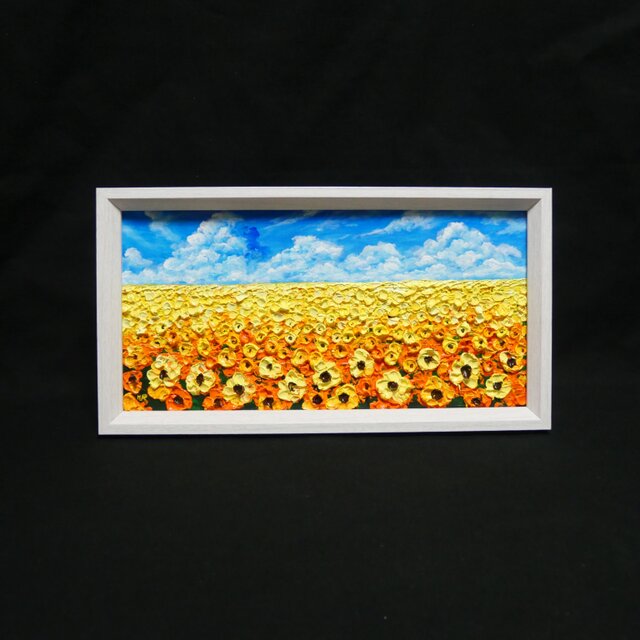 油彩画・原画】風がそよぐひまわり畑（ミニ絵画）｜夏の風景画・向日葵