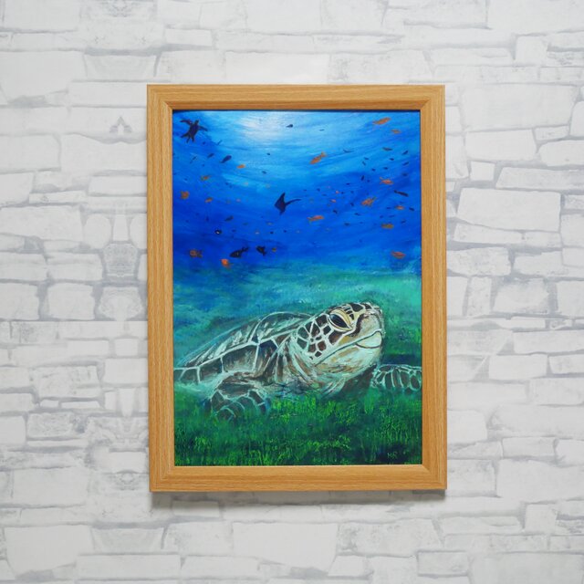 油彩画 原画『光射す深海へ 〜癒やしのウミガメ〜』海と光の癒やし