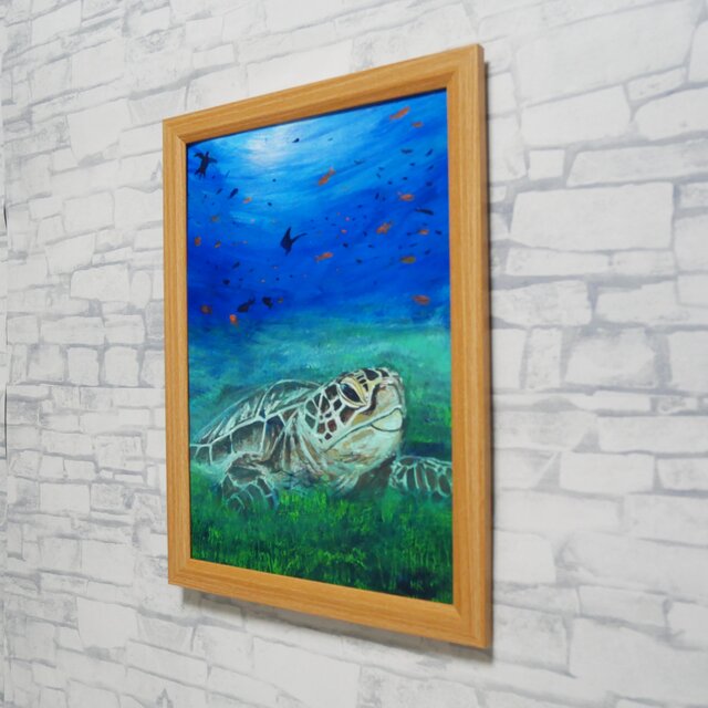 油彩画 原画『光射す深海へ 〜癒やしのウミガメ〜』海と光の癒やし