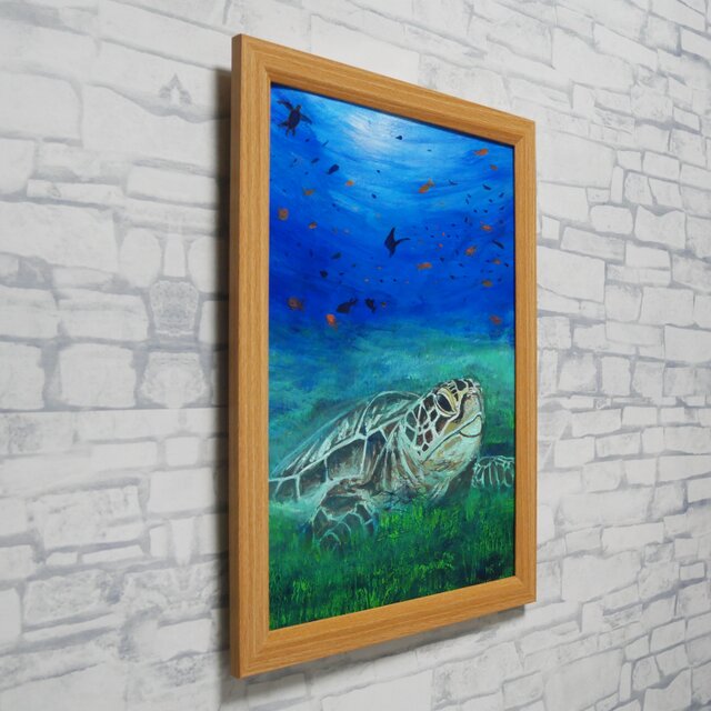 海　油彩画　F7ガラス入り 油彩画 原画『光射す深海へ 〜癒やしのウミガメ〜』海と光の癒やし