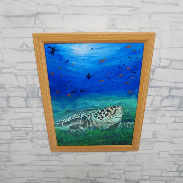 油彩画 原画『光射す深海へ 〜癒やしのウミガメ〜』海と光の癒やし