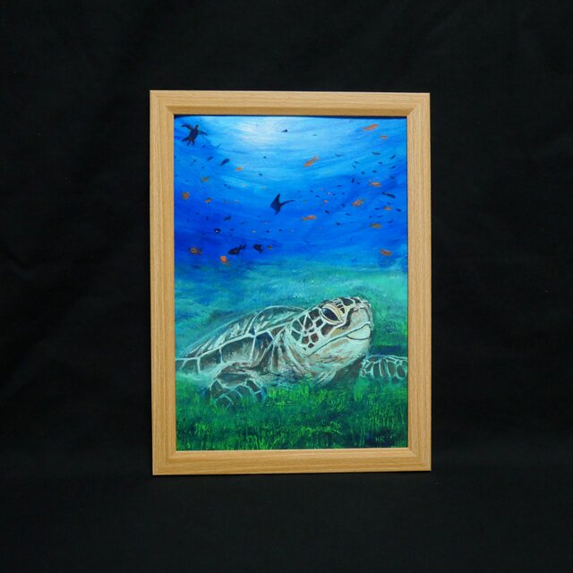 油彩画 原画『光射す深海へ 〜癒やしのウミガメ〜』海と光の癒やし