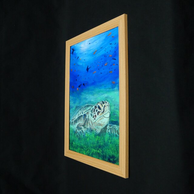 油彩画 原画『光射す深海へ 〜癒やしのウミガメ〜』海と光の癒やし