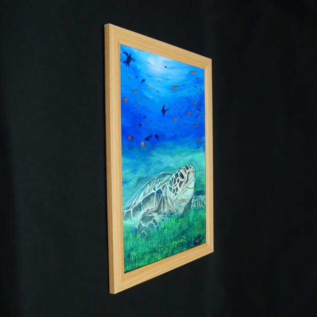 油彩画 原画『光射す深海へ 〜癒やしのウミガメ〜』海と光の癒やし