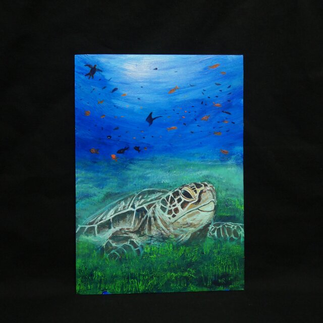 油彩画 原画『光射す深海へ 〜癒やしのウミガメ〜』海と光の癒やし