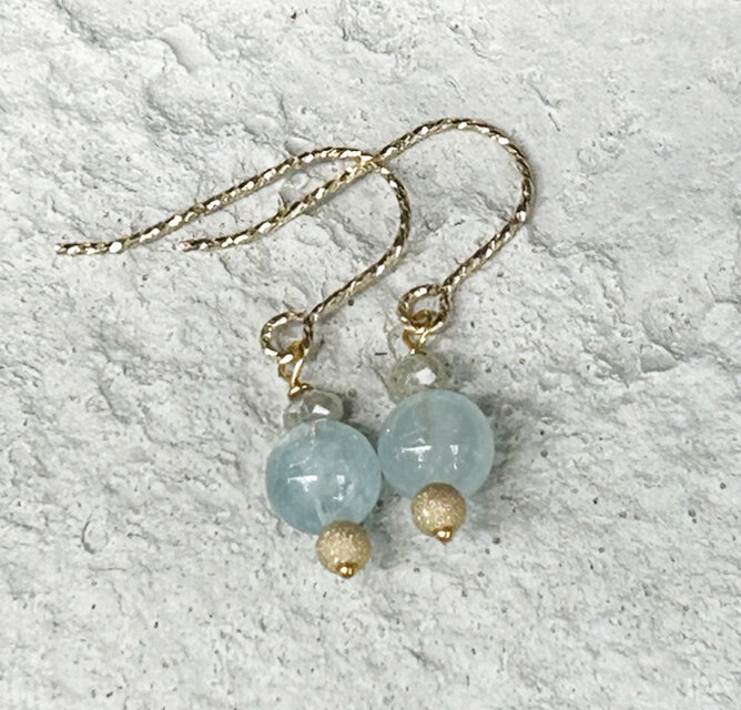 天然ダイアモンド・ビーズカットピアス+アクアマリン◇ K14GF (K24純金