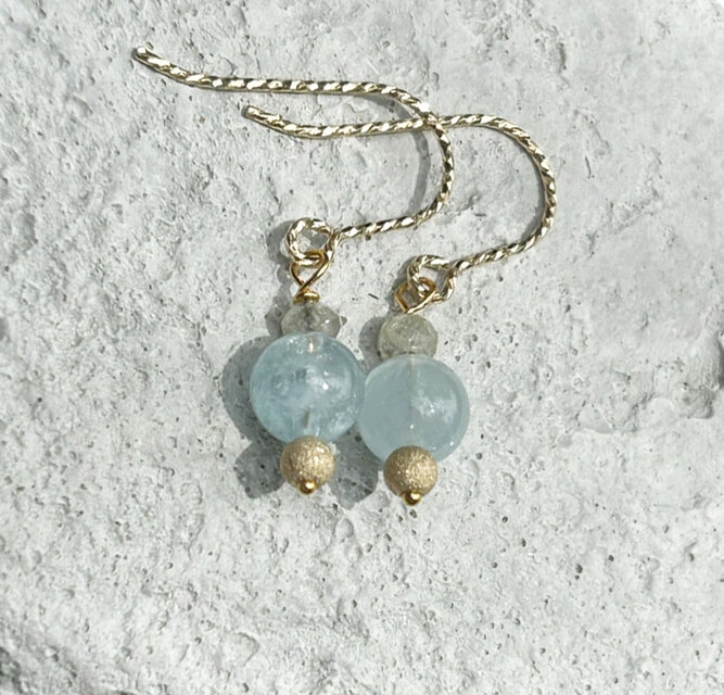 天然ダイアモンド・ビーズカットピアス+アクアマリン◇ K14GF (K24純金