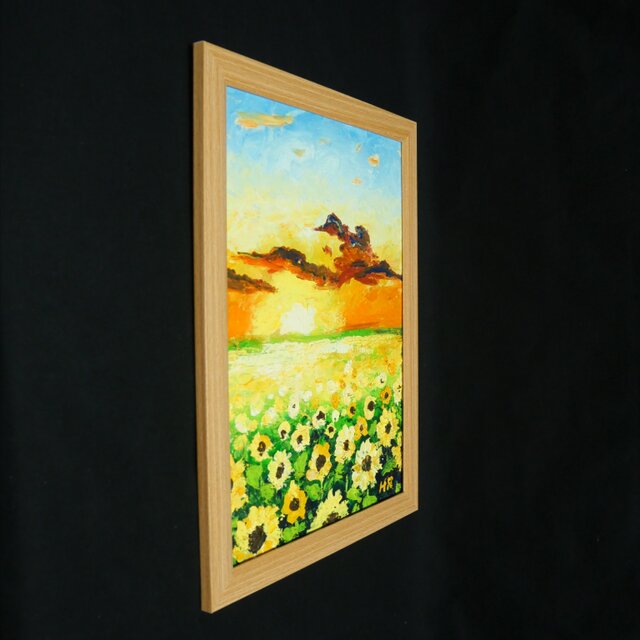 原画】油彩画「黄金色の明日へ」A4サイズ（額装付き）向日葵と夕陽の
