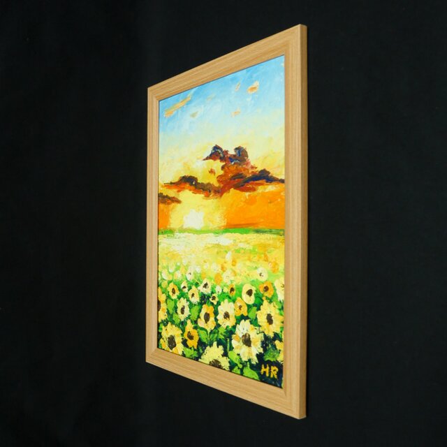 原画】油彩画「黄金色の明日へ」A4サイズ（額装付き）向日葵と夕陽の
