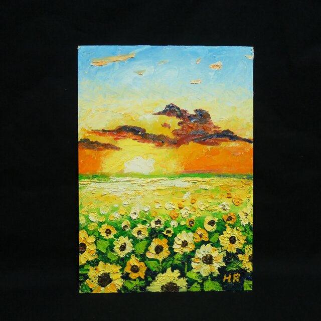 原画】油彩画「黄金色の明日へ」A4サイズ（額装付き）向日葵と夕陽の