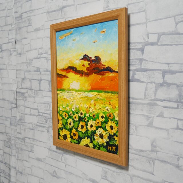 原画】油彩画「黄金色の明日へ」A4サイズ（額装付き）向日葵と夕陽の