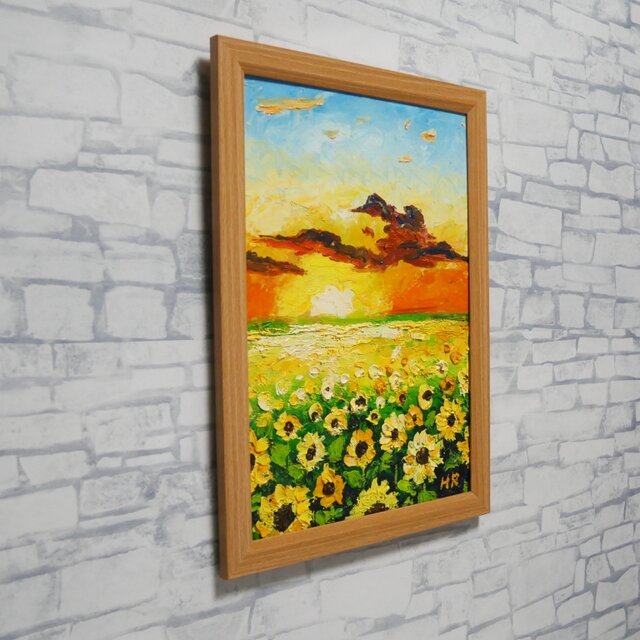 原画】油彩画「黄金色の明日へ」A4サイズ（額装付き）向日葵と夕陽の