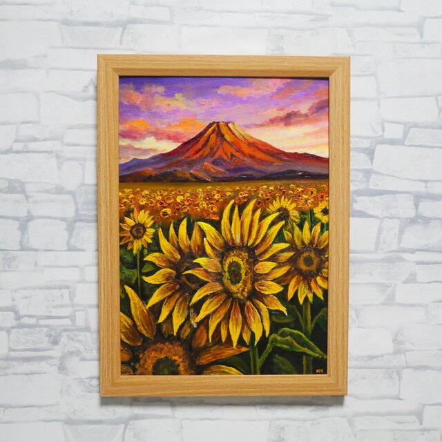 原画】油絵 絵画「黄金色の夕日と赤富士のひまわり畑」開運アート 風景