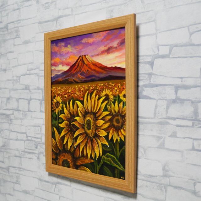 原画】油絵 絵画「黄金色の夕日と赤富士のひまわり畑」開運アート 風景
