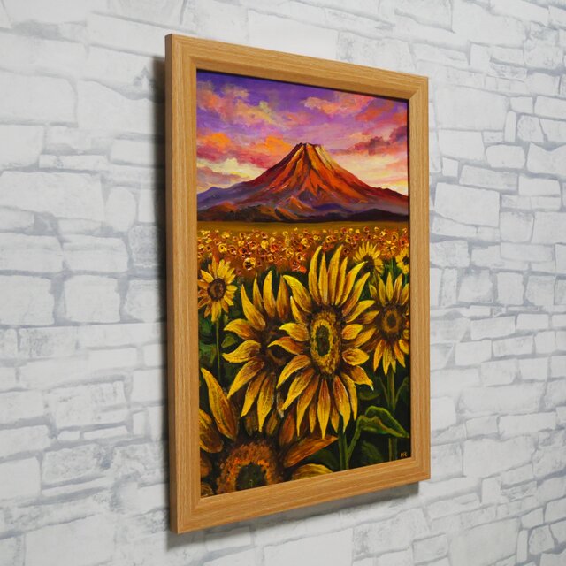 原画】油絵 絵画「黄金色の夕日と赤富士のひまわり畑」開運アート 風景