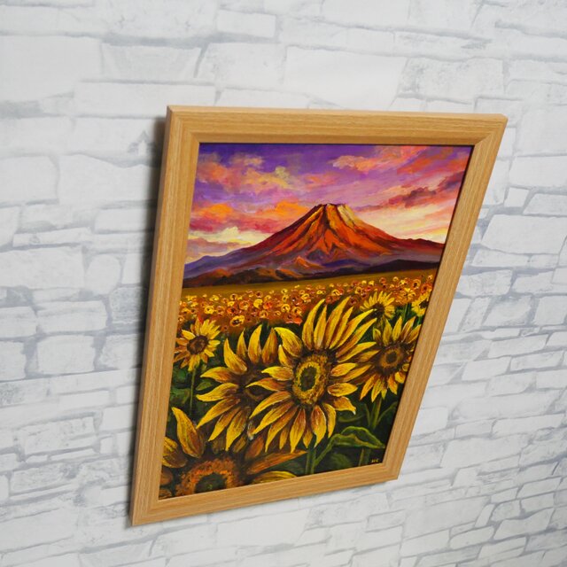 原画】油絵 絵画「黄金色の夕日と赤富士のひまわり畑」開運アート 風景
