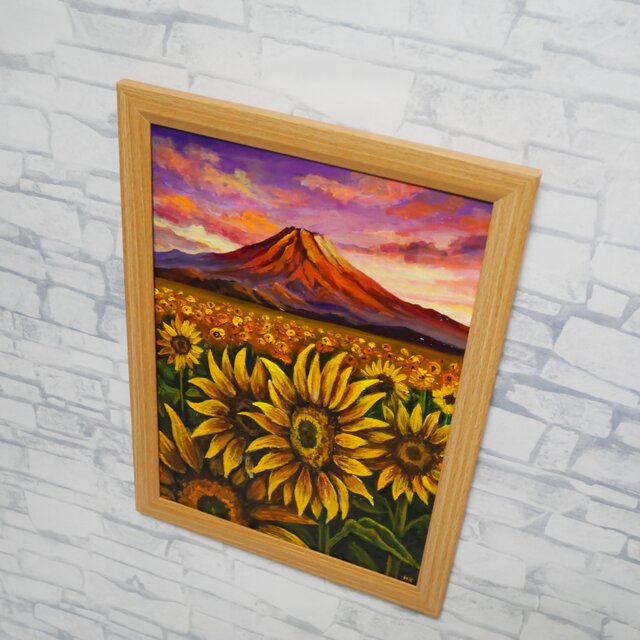 原画】油絵 絵画「黄金色の夕日と赤富士のひまわり畑」開運アート 風景