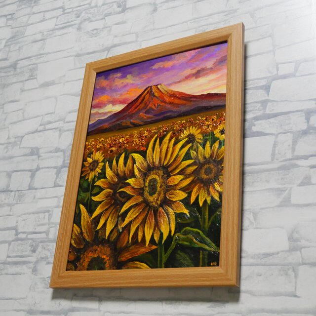 原画】油絵 絵画「黄金色の夕日と赤富士のひまわり畑」開運アート 風景