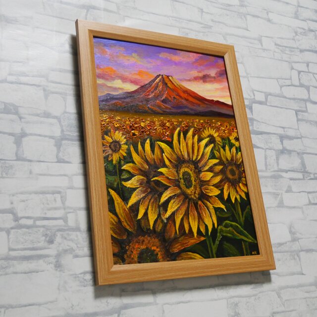 原画】油絵 絵画「黄金色の夕日と赤富士のひまわり畑」開運アート 風景