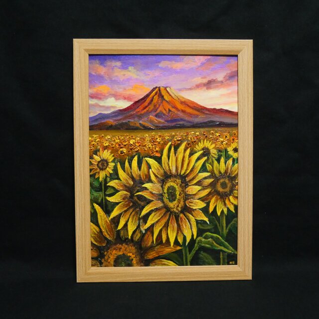 原画】油絵 絵画「黄金色の夕日と赤富士のひまわり畑」開運アート 風景