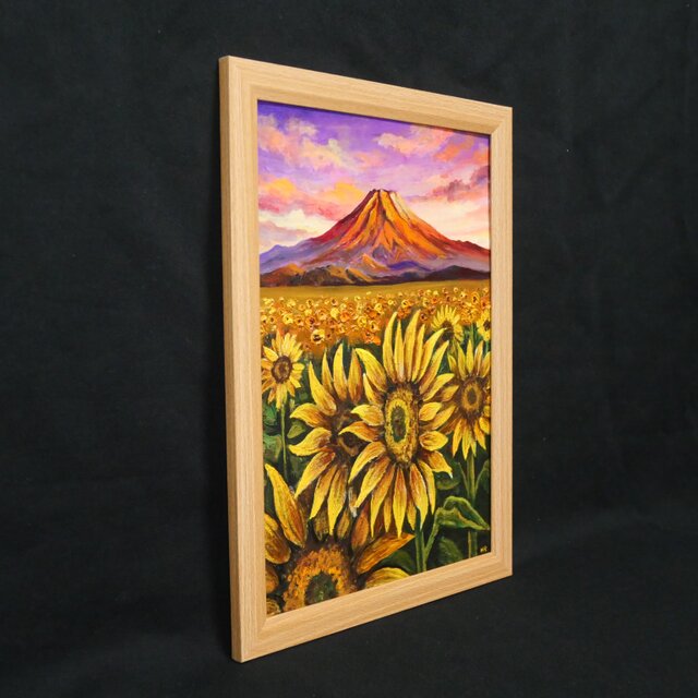 原画】油絵 絵画「黄金色の夕日と赤富士のひまわり畑」開運アート 風景