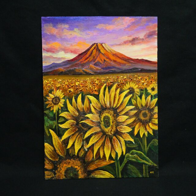 原画】油絵 絵画「黄金色の夕日と赤富士のひまわり畑」開運アート 風景