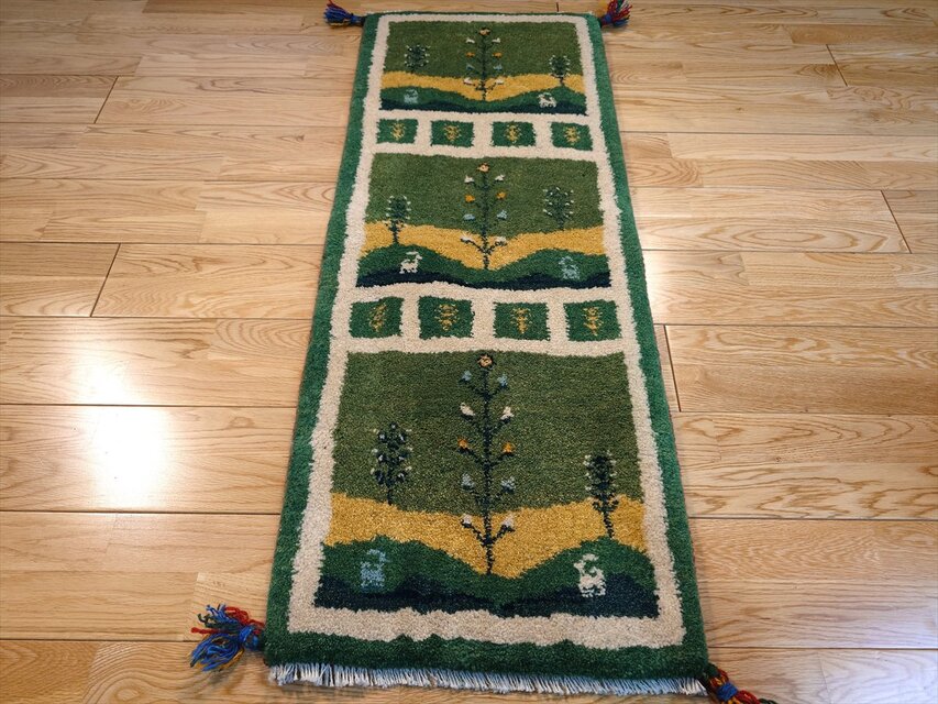 ハンドメイド ペルシャ ギャッベ ミニランナー ラグ 115x44cm 緑 風景