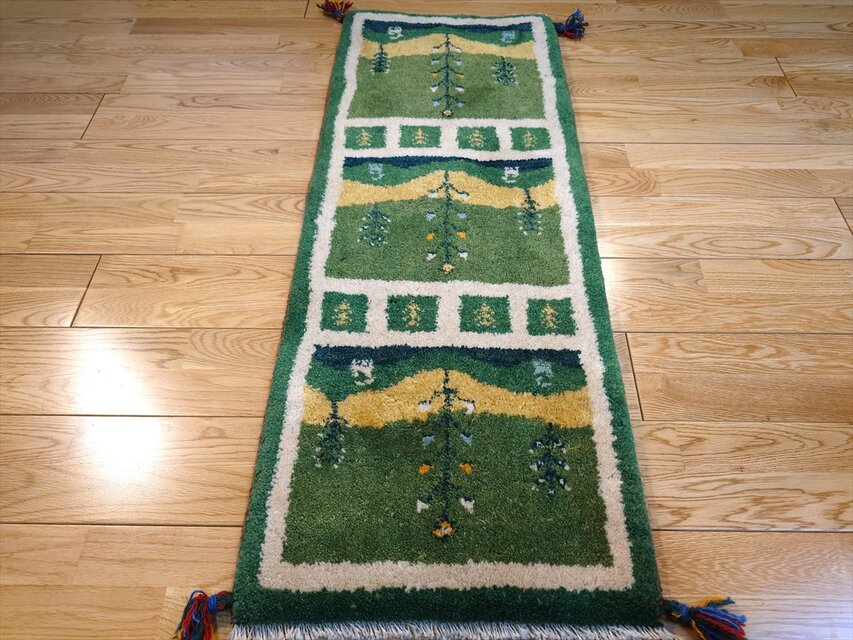ハンドメイド ペルシャ ギャッベ ミニランナー ラグ 115x44cm 緑 風景